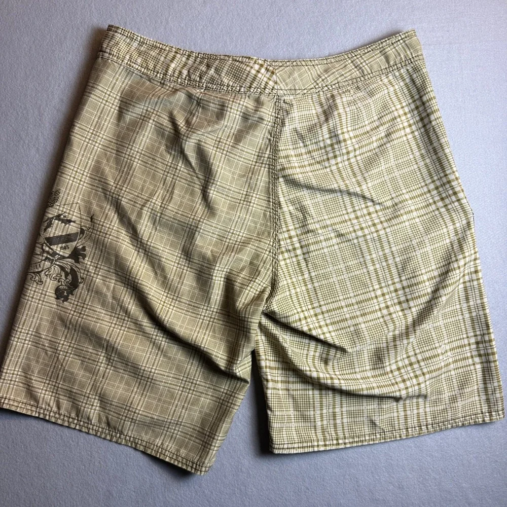 Rusty Mens‎ Plaid Board Shorts Tan White Graphic Crest Cargo Pocket Size 34